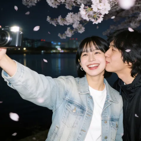 AI 예시 사진: 밤 벚꽃 아래에서 함께 셀카를 찍는 두 사람